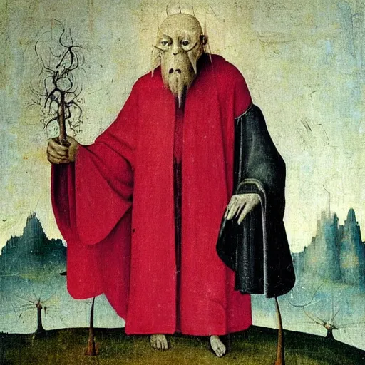 Image similar to portrait of an old frail ominous wise wizard man wearing an ancient robe, surrounded by frail red demons art by hieronymus bosch