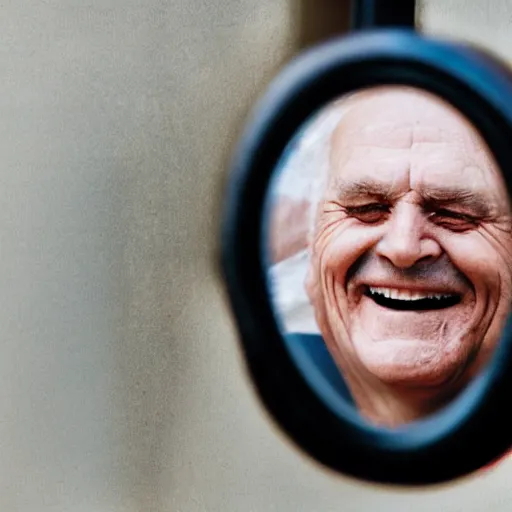 Image similar to a smiling old man seen through a mirror