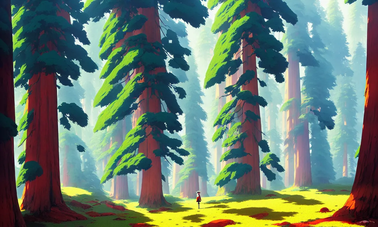 Image similar to Sequoia forest in a colorful moutain with beautiful trees , no people, morning, by studio ghibli painting, superior quality, masterpiece, traditional Japanese colors, by Grzegorz Rutkowski, concept art