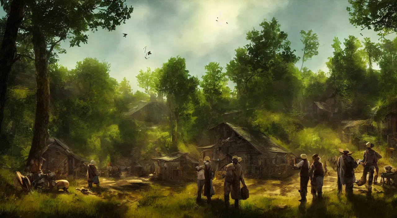 Prompt: wide shot of amish raising a community in the forest, concept art from the game borderlands, drawn by rembrandt, lush greens, birds flying, volumetric lighting, 8 k, trending on artstation, bright blue sky, highly detailed, professional digital painting, stunning, gorgeous, epic, cinematic