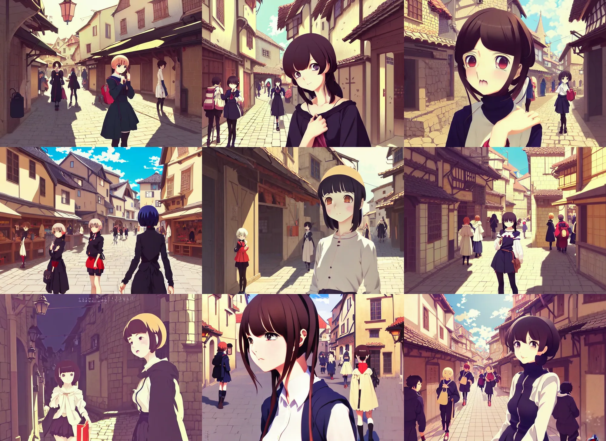 Prompt: anime visual, portrait of a young female traveler in a busy medieval village exterior shopping, cute face by ilya kuvshinov, yoh yoshinari, makoto shinkai, dynamic pose, dynamic perspective, cel shaded!!!, anime cel, flat mucha, rounded eyes, crisp smooth clean lines, strong silhouette