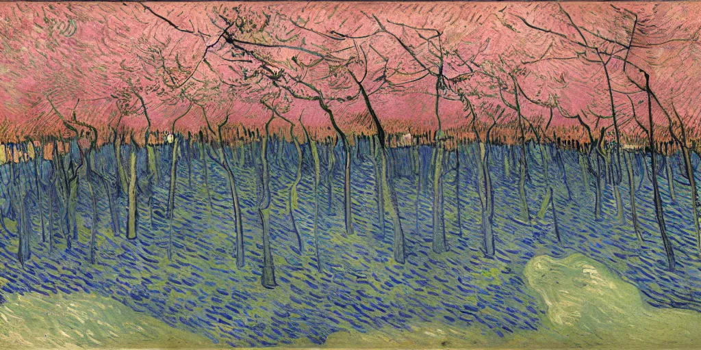 Image similar to a dark cave with bright light at the exit and a pink peach blossom forest outside, by Vincent van Gogh