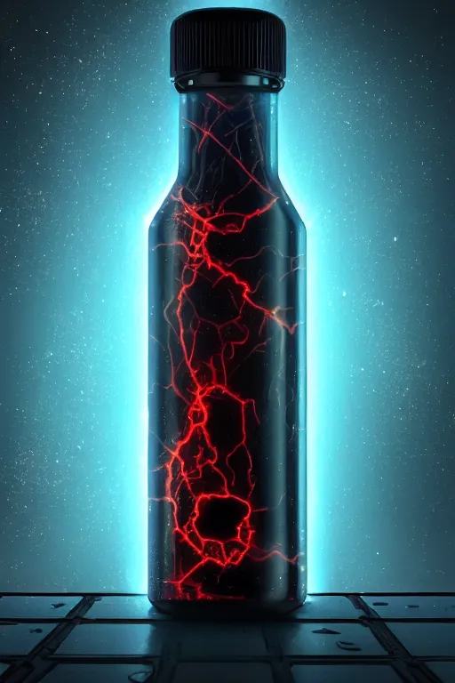 Image similar to a dark transparant bottle filed atomic energy, colorful, product photography, moody, wide angle, super highly detailed, professional digital painting, artstation, concept art, smooth, sharp focus, no blur, no dof, extreme illustration, Unreal Engine 5, Photorealism, HD quality, 8k resolution, cinema 4d, 3D, beautiful, cinematic, art by artgerm and greg rutkowski and alphonse mucha and loish and WLOP