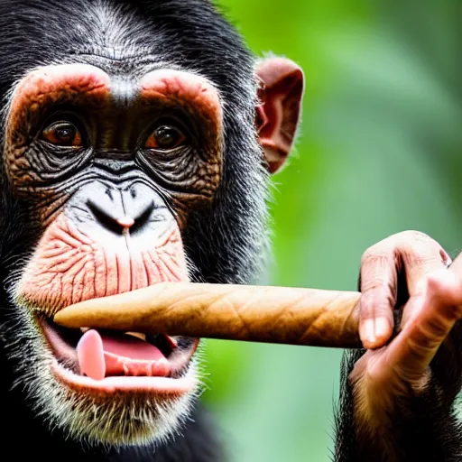 Image similar to a high detail closeup shot of a chimp wearing a suit, smoking a cigar