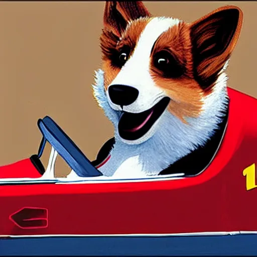 Prompt: corgi in a race car wearing a helmet, cute, happy, photorealism