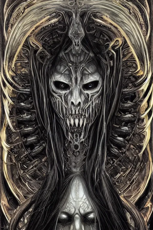 Prompt: Elden Ring and Doom themed painting of majestic chromatic biomechanical anatomical undead warrior hybrid beautiful ethereal angel symmetrical neutral black metal corpsepaint mask closeup face tattoo pattern golden ratio concept, Neo-Gothic concept, infinity glyph waves, intricate artwork masterpiece, very coherent artwork, cinematic, full frontal facial features by Artgerm, art by H.R. Giger, Joseph Michael Linsner, Zdizslaw Beksinski, Johnatan Wayshak, Moebius, Ayami Kojima, very anatomically coherent artwork, trending on cgsociety, ultra high quality model, production quality cinema model, high detail chromatic ink outline, octane render, unreal engine 8k, hyper realism, high detail, octane render, unreal engine, 8k, High contrast