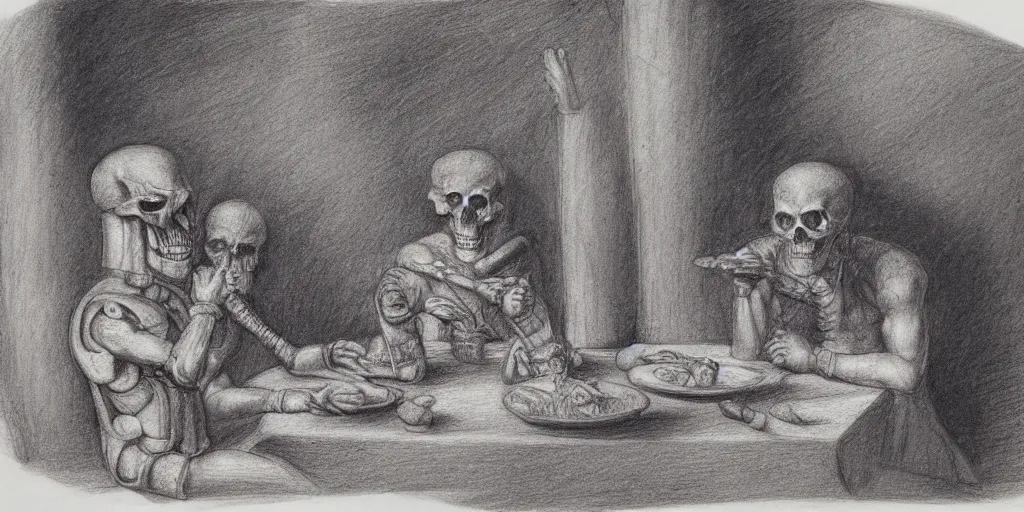 Image similar to Charcoal pencil portrait of a Roman emperor sharing dinner with a mummified skeleton, sketchbook, Leonardo da Vinci