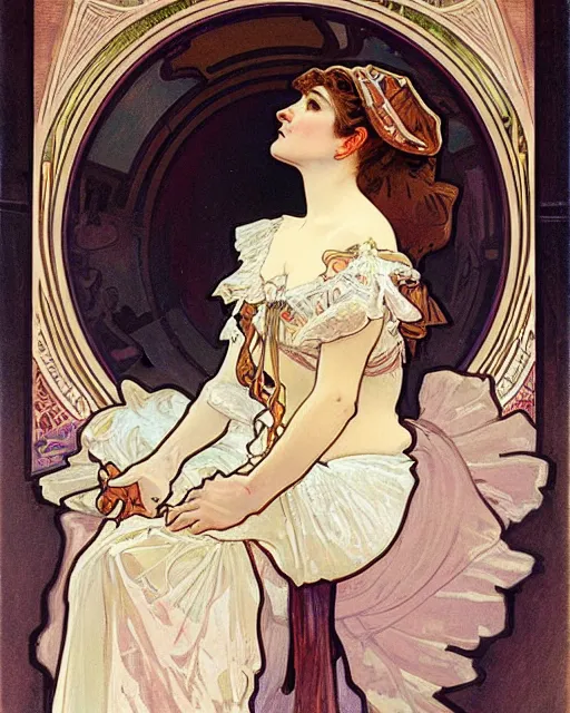 Prompt: painting by alphonse mucha, theater scene with a singer in a white dress, pastel color palette