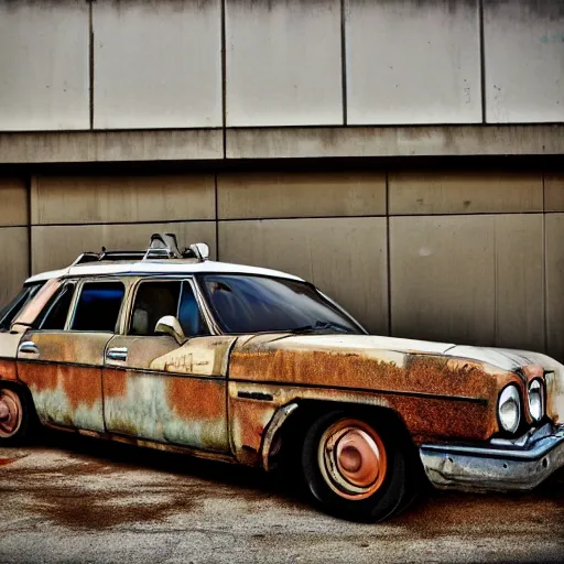 Prompt: a rusty ecto-1 in an empty parking lot.