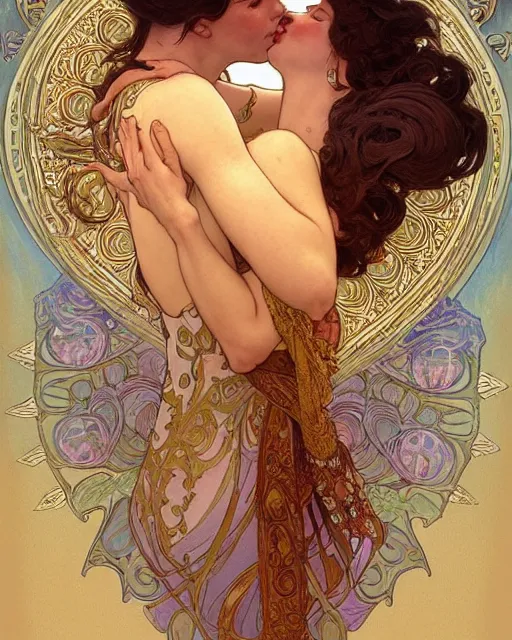 Image similar to the kiss | highly detailed | very intricate | art nouveau | gold filigree | romantic storybook fantasy | soft cinematic lighting | award - winning | disney watercolor illustration by mandy jurgens and alphonse mucha and alena aenami | pastel color palette | featured on artstation