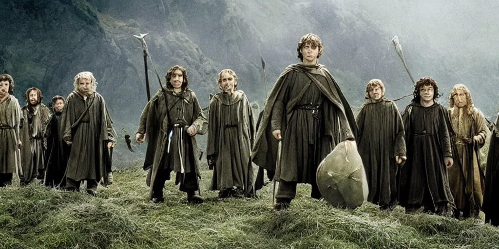 Image similar to the lord of the rings but frodo is the tallest among the fellowship promo shot from movie by peter jackson