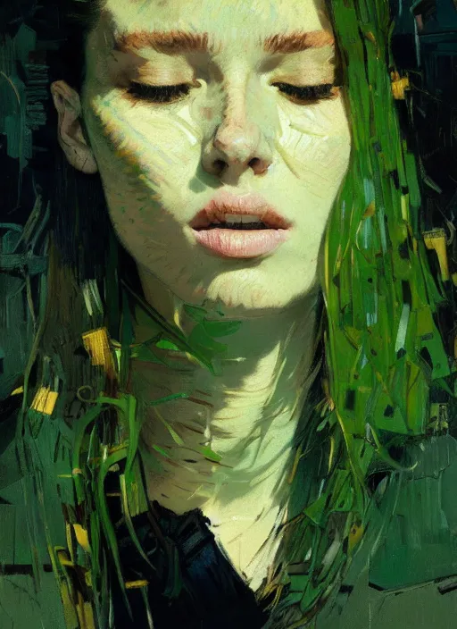 Image similar to portrait of a beautiful girl, eyes closed, open mouth, shades of green, beautiful face, rule of thirds, intricate outfit, spotlight, by greg rutkowski, by jeremy mann, by francoise nielly, by van gogh, digital painting