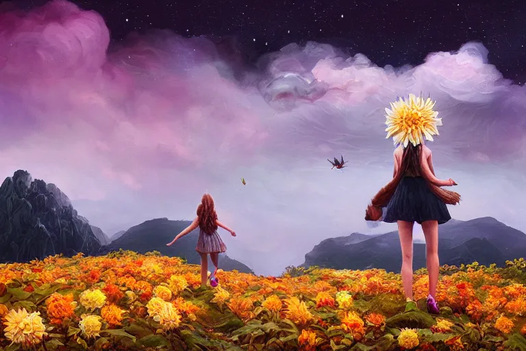 Image similar to giant dahlia flower as a head, girl walking on mountain, surreal photography, stars, dramatic light, impressionist painting, storm clouds, digital painting, artstation, simon stalenhag