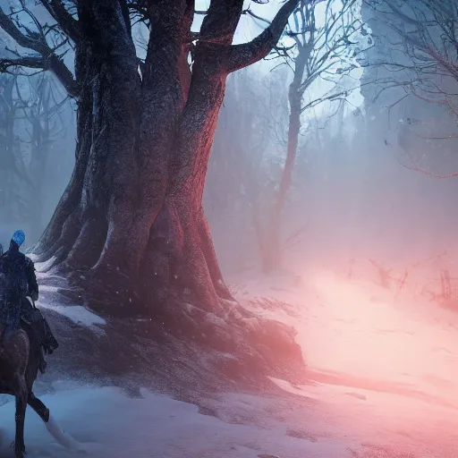 Image similar to the wild hunt, otherworldly spectres riding in the sky, bad omen, enchanted forest, blizzard storm, fog, full moon, snowy environment, in the style of the witcher series, hyperrealism, breathtaking, award winning, groundbreaking, octane render, unreal 5, intricate digital art, 8 k high resolution