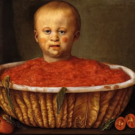 Image similar to a boy sitting in a tub full of tomato sauce, a lot of cabbage, by giuseppe arcimboldo and ambrosius benson, renaissance, portrait, fruit, intricate and intense oil paint, realistic