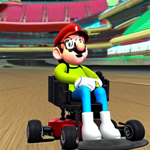 Image similar to stephen hawking in mario cart, in his wheelchair, gameplay footage