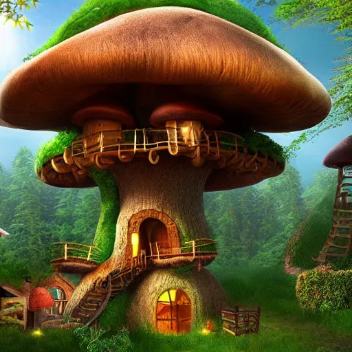 Image similar to Mushroom treehouse village, fairy, magical, mystical, realistic, 4k