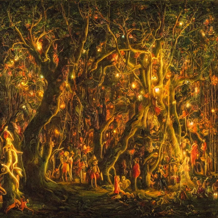 Prompt: a night carnival around a magical tree cavity, with a surreal orange moonlight and fireworks in the background, next to a lake with iridiscent water, christmas lights, folklore animals and people disguised as fantastic creatures in a magical forest by summer night, masterpiece painted by rogelio de egusquiza, dark night environment