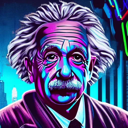 Image similar to high detailed portrait of albert einstein, staying in front of dark city, cyberpunk2077, cyberpunk, neon, cool colors, artstation, digital illustration