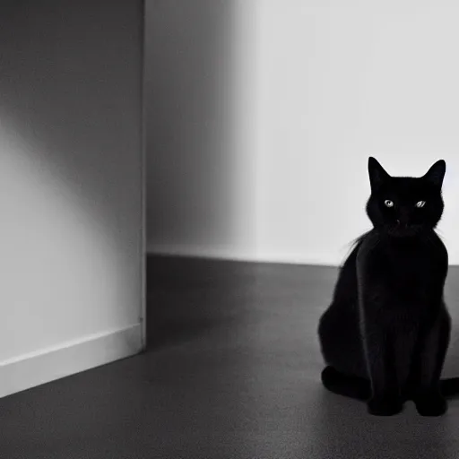 Image similar to national geographic photograph of a black cat sitting in a white room