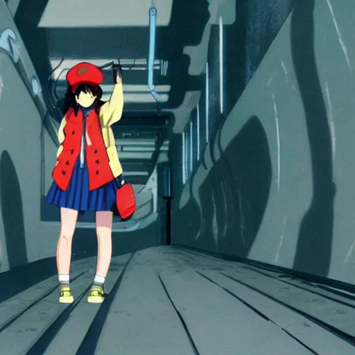 Image similar to anime girl with very large beret, beret over eye, cel - shading, 2 0 0 1 anime, flcl, jet set radio future, golden hour, underground facility, underground tunnel, pipes, rollerbladers, rollerskaters, cel - shaded, strong shadows, vivid hues, y 2 k aesthetic