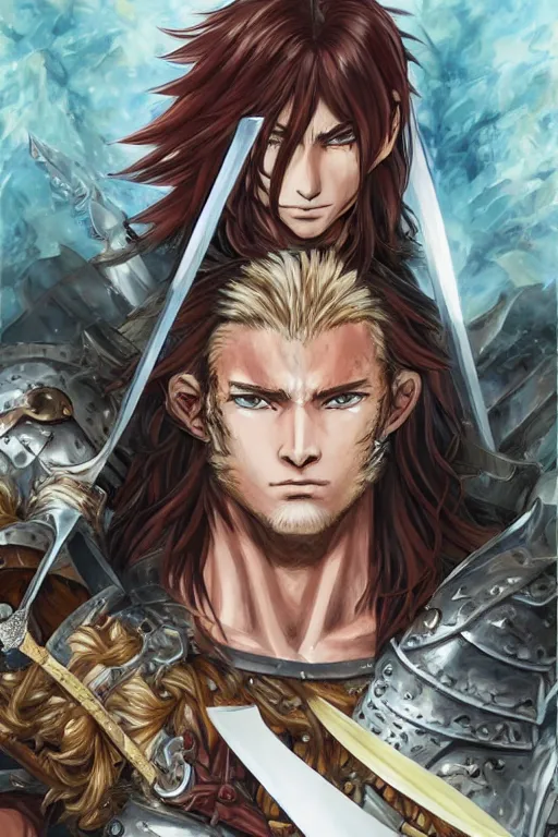 Image similar to A realistic anime portrait of a young handsome male barbarian with long wild hair, intricate fantasy spear, plated armor, D&D, dungeons and dragons, tabletop role playing game, rpg, jrpg, digital painting, by Yoshitaka Amano and Ayami Kojima and Akihiko Yoshida and Yusuke Murata, digtial painting, trending on ArtStation, SFW version