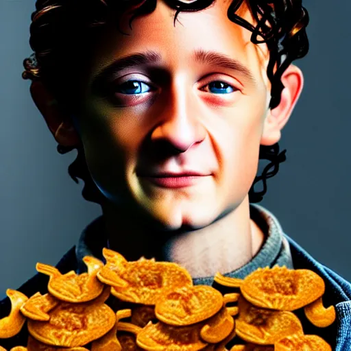 Prompt: uhd frodo made of fritos. photo by annie leibowitz