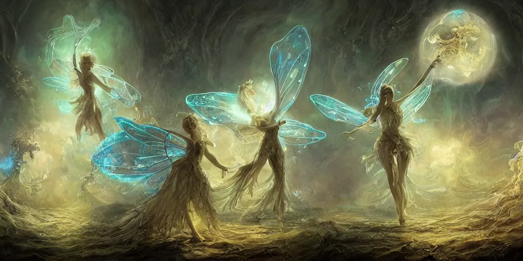 Image similar to concept art of translucent glowing fairies dancing, lovecraftian, renaissance, melting, round moon, rich clouds, fighting the horrors of the unknown, very detailed, volumetric light, mist, fine art, decaying, textured oil over canvas, epic fantasy art, very colorful, ornate intricate scales