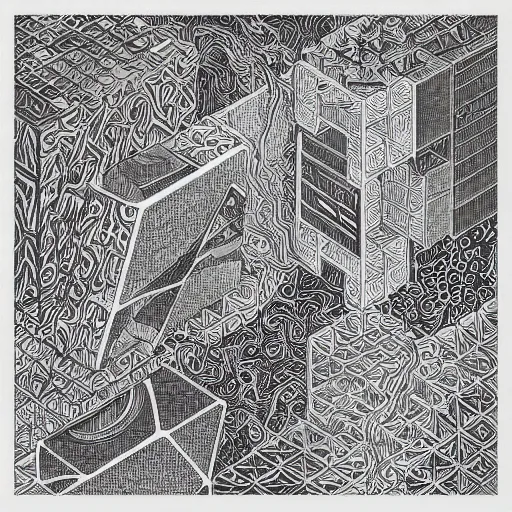 Image similar to “geometrically incomprehensible surreal order of cubes, extremely high detail, photorealistic, intricate line drawings, painted cube spaces, dotart, album art in the style of James Jean”