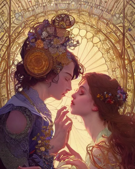 Prompt: the kiss | highly detailed | high coherence!! | very intricate | art nouveau | gold filigree | romantic storybook fantasy | soft cinematic lighting | award - winning | painted by mandy jurgens and alphonse mucha and alena aenami | pastel color palette | featured on artstation