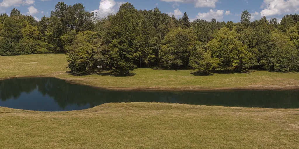 Image similar to photo field with small Lake with black dark water in center reality