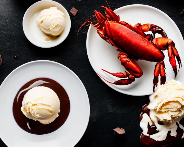 Image similar to dslr food photograph of a plate of lots of vanilla ice cream and a crawfish, some chocolate sauce, 8 5 mm f 1. 4