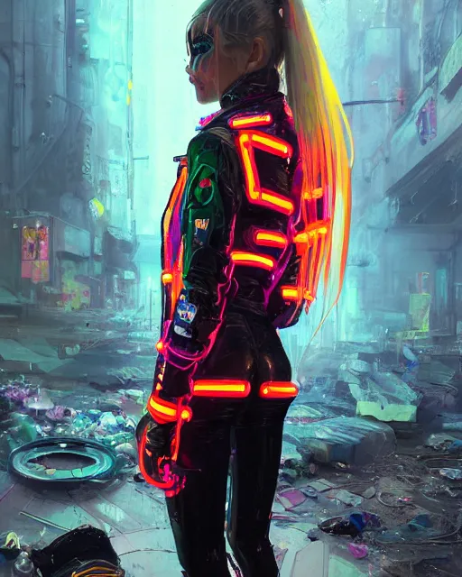 Image similar to detailed portrait neon guard girl with long straight blonde hair seen from the back, cyberpunk futuristic, reflective puffer jacket, black leggings, decorated with traditional ornaments in front of a dystopian crowd with piles of garbage by ismail inceoglu dragan bibin hans thoma, perfect face, fine details, realistic shaded, fine - face, pretty face by rossdraws