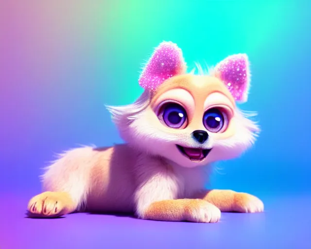 Prompt: a cute cute baby dog puppy, big eyes, soft fur texture, pastel colours, colorful, glitter crystals, cute, adorable, pixar animation style, detailed, soft light, octane render, cute, 4 k,