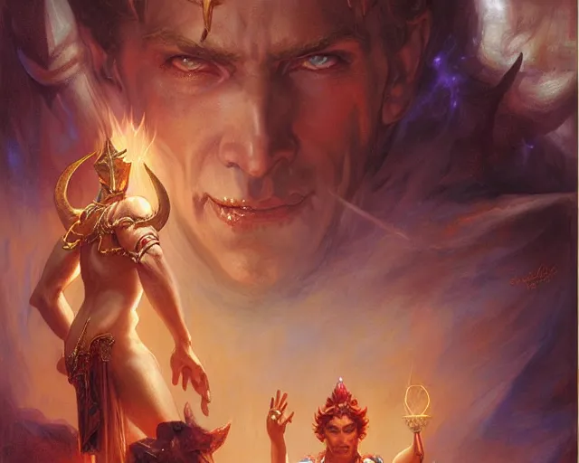 Image similar to attractive male deity, casting demonic magic, summoning handsome lucifer morning star. highly detailed painting by gaston bussiere, craig mullins, j. c. leyendecker 8 k