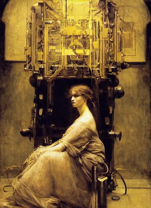 Image similar to portrait of beautiful connected to machine, complex, award - winning, by benjamin - constant, jean - joseph