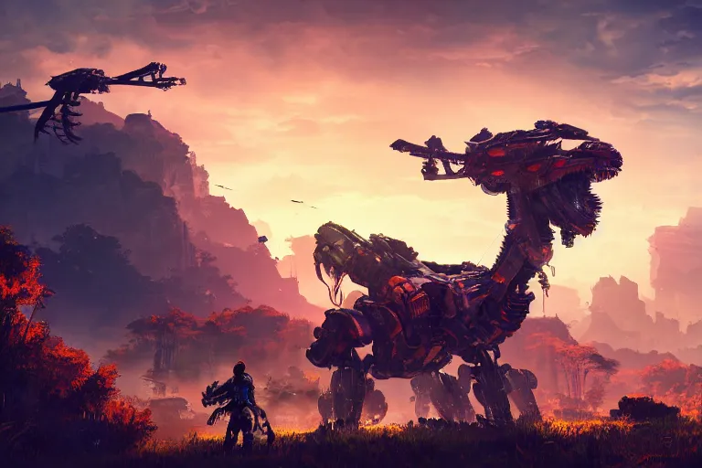 Image similar to thunderjaw machine mecanical creature robot of horizon forbidden west horizon zero dawn radiating a glowing aura global illumination ray tracing hdr fanart arstation by ian pesty and alena aenami artworks in 4 k