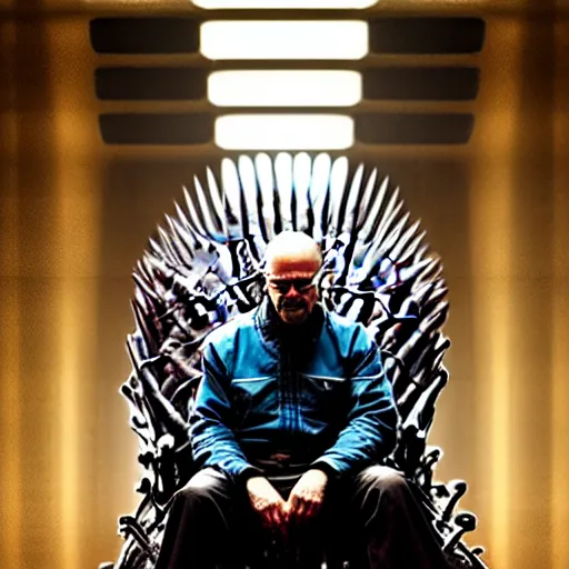 Prompt: “Very crisp photo of Walter White sitting on the Iron Throne from Game of Thrones, atmospheric lighting, award-winning details”