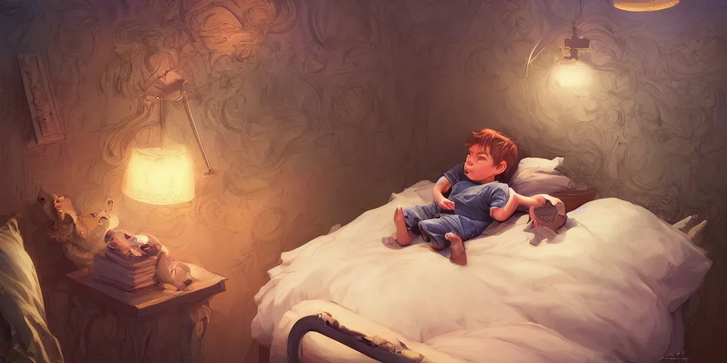 Image similar to a beautiful illustration of a little cute boy in his bed dreaming about a beautiful, fantasy, intricate, epic lighting, cinematic composition, hyper realistic, 8 k resolution, unreal engine 5, by artgerm, tooth wu, dan mumford, beeple, wlop, rossdraws, james jean, marc simonetti, artstation