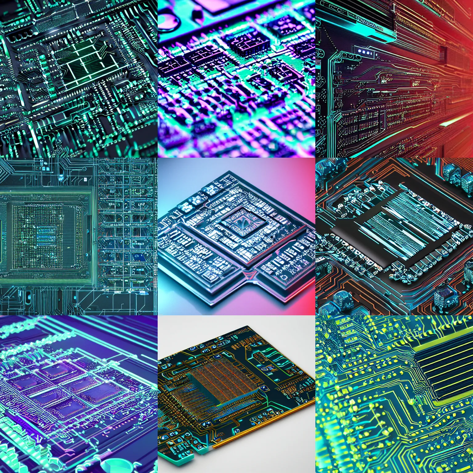 Prompt: circuit board processor, 3 d ray traced octane render, beautiful colors, futuristic, crystal nodes, high angle shot with sharp realistic detail