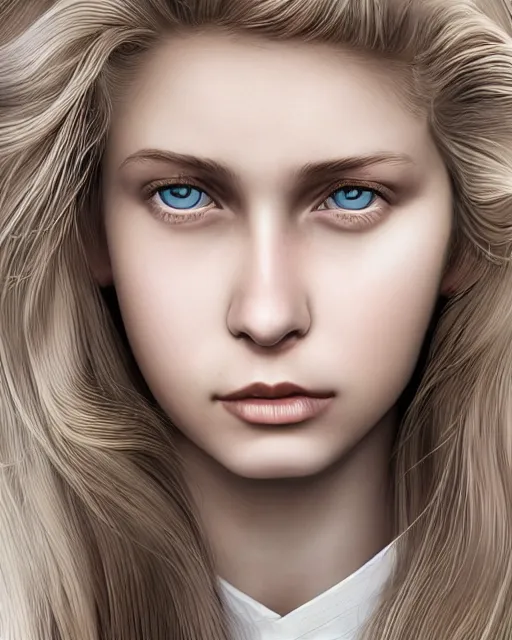 Image similar to portrait of 1 6 - year - old woman with dirty blonde hair down to her waist, pale eyebrows and protuberant silver eyes, wearing white shirt, hyper realistic face, beautiful eyes, character art, art by mark brooks, hyperdetailed, cryengine, trending on artstation, digital art