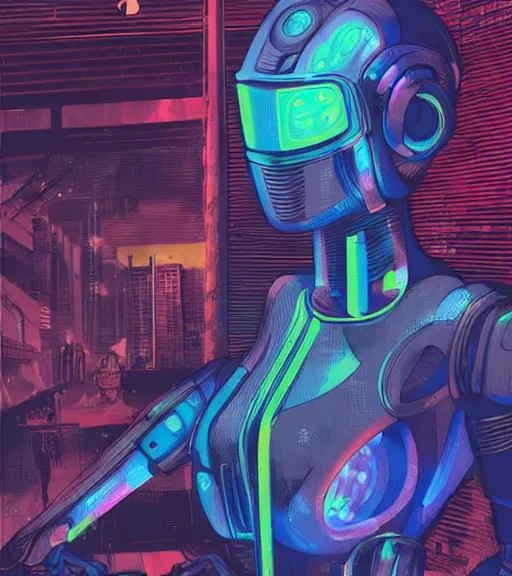 Image similar to robot woman with a hologram for a head, at a cyberpunk market, techwear, dead space, visible face, Industrial Scifi, detailed illustration, character portrait, by Martin Grip and Moebius