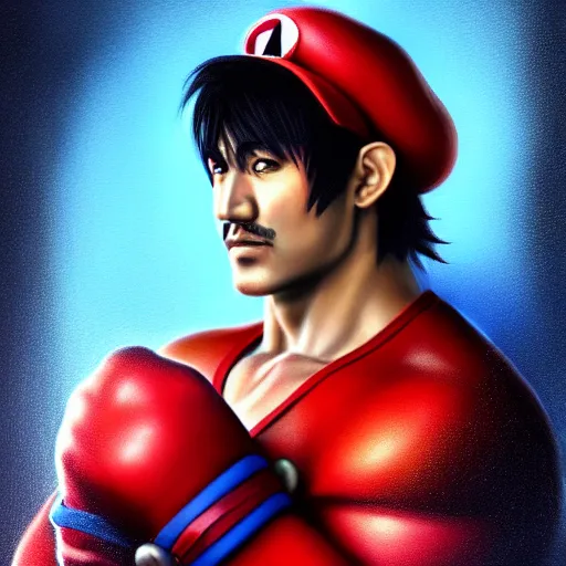 Prompt: realistic Portrait painting of Jin Kazama as Mario made by Michaelangelo, physical painting, Sharp focus,digital art, bright colors,fine art, trending on Artstation, unreal engine, pixel art.