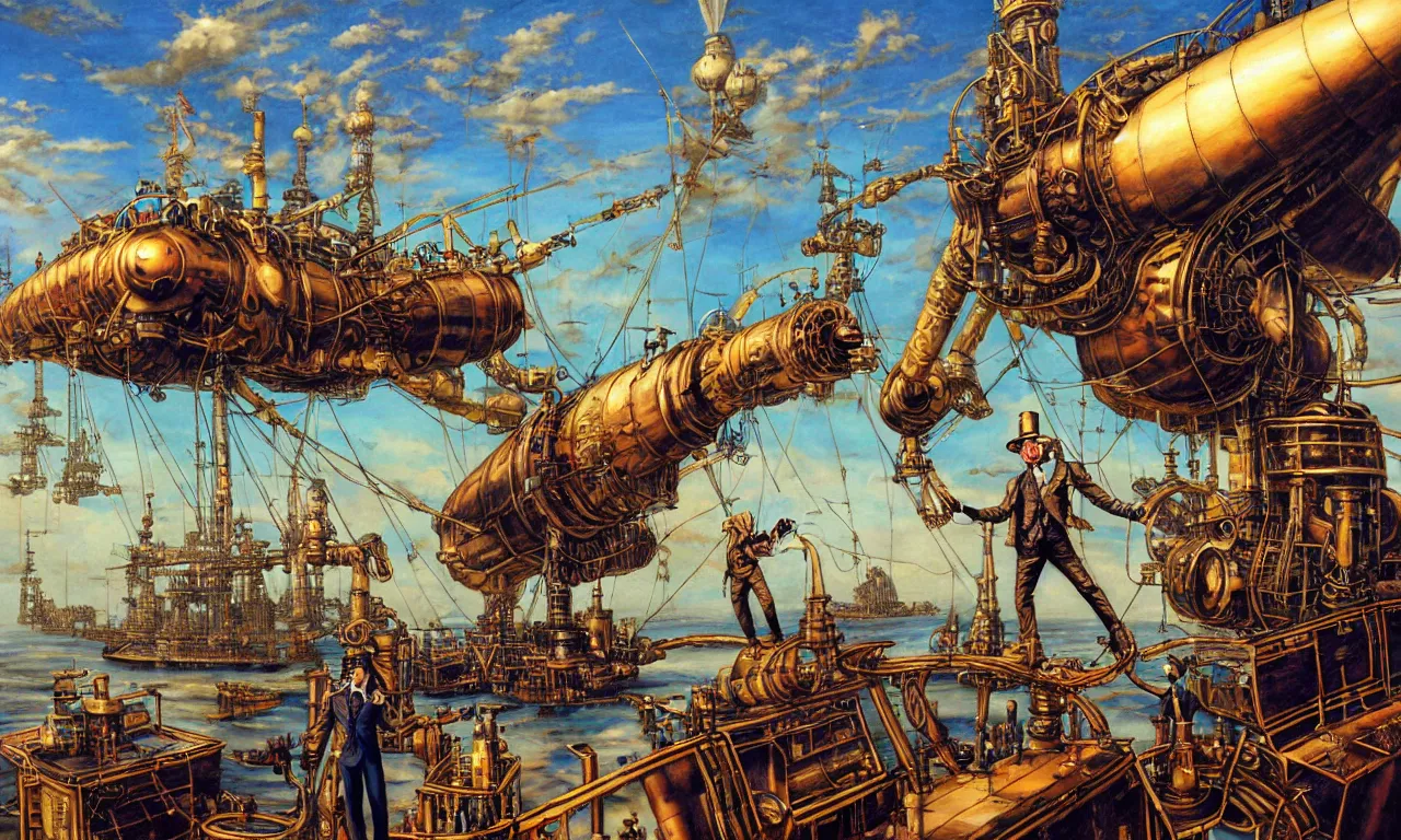 Image similar to close up of a gentleman navigator standing on deck of his steampunk airship flying over a vast ocean of a very large language model, observing giant flying robot harvesters collecting data relations in the background, painted by josh kirby, ligne claire, very detailed and colorful, low light