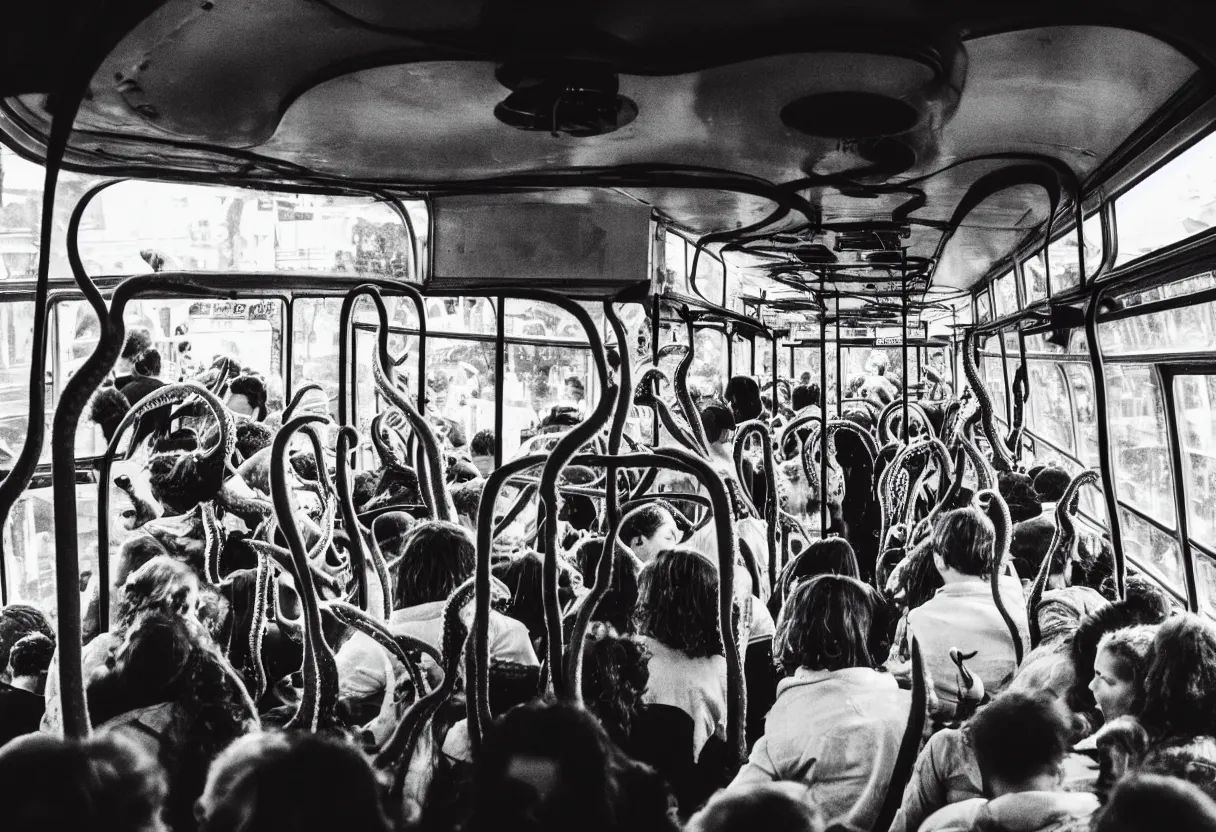 Prompt: 1 6 mm lens photo of a interior of a crowded bus in a moment of terror, there is a huge monster octopus trying to break in, octopus beak can be seen, arms creeping in thrugh the windows, people are scared and screaming while trying to flee through the windows and doors,
