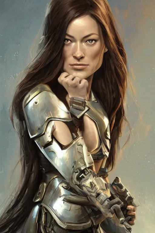 Image similar to a professional painting of a young Olivia Wilde, clothes in military armor, olive skin, long dark hair, beautiful bone structure, symmetrical facial features, intricate, elegant, digital painting, concept art, smooth, sharp focus, illustration, from StarCraft by Ruan Jia and Mandy Jurgens and Artgerm and William-Adolphe Bouguerea