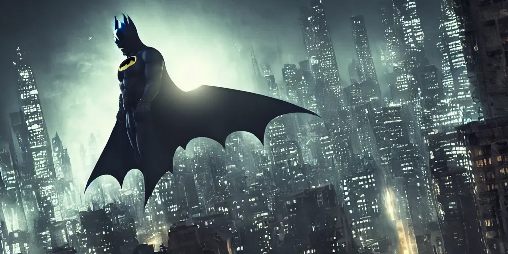 Prompt: a photo of 8k ultra realistic Batman in a dark Gotham city in the background , ornate, cinematic lighting, trending on artstation, 4k, hyperrealistic, focused, high details, cinematic,