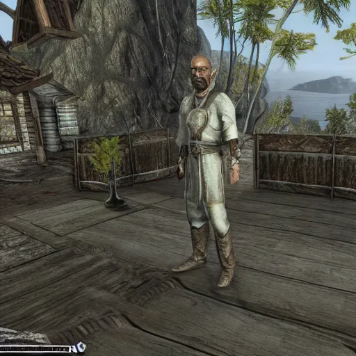 Image similar to walter white visits seyda neen, morrowind, highly detailed, realistic, elder scrolls, adventuring gear