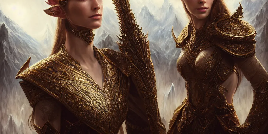 Image similar to Majestic and regal portrait of a riveting and awe inspiring female High Elf nobility, fantasy mountainous background, intricate, epic, elegant, menacing, fantasy, photo realistic, digital painting, hard focus, beautiful volumetric lighting, epic light, ultra detailed, by Leesha Hannigan, Ross Tran, Thierry Doizon, Kai Carpenter, Ignacio Fernández Ríos