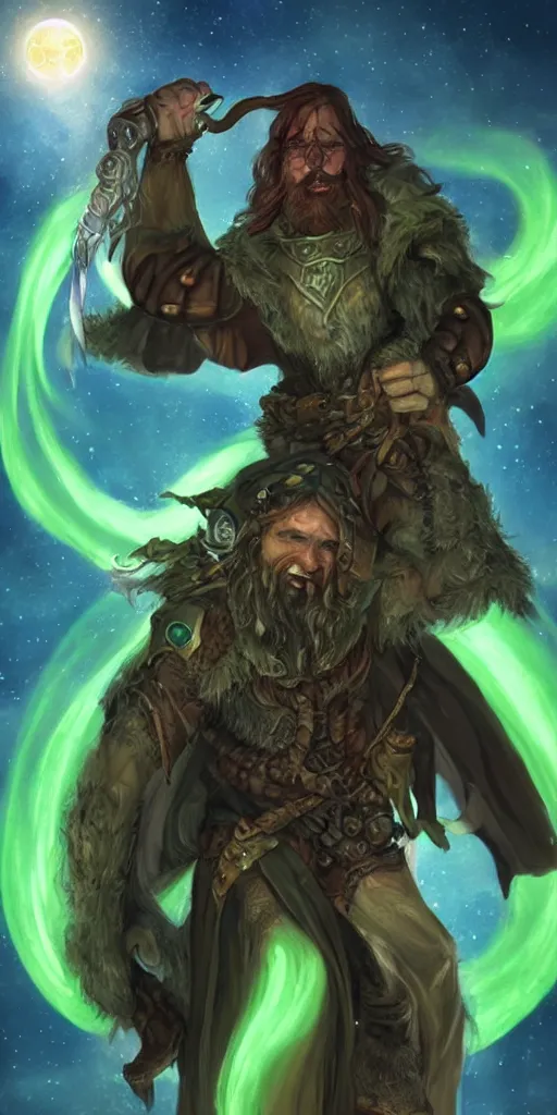 Image similar to dungeons and dragons, realistic,full body long hair goatee warlock with pet imp, magic aura, northern lights